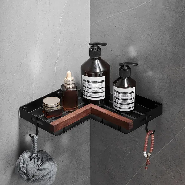 Fuao_Bathroom_Corner_Shelf_with_Walnut_Wood_&_Matte_Black_Aluminium_Frame,_Wall_Mounted_Shower_Corner_with_Side_Hooks_for_Shampoo_Toiletries_Storage