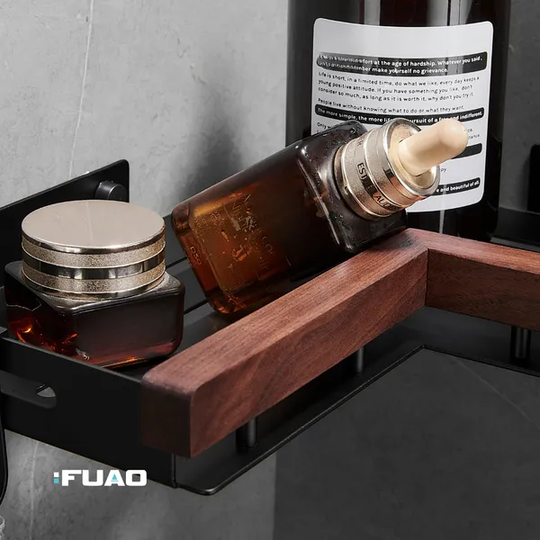 Fuao_Bathroom_Corner_Shelf_with_Walnut_Wood_&_Matte_Black_Aluminium_Frame,_Wall_Mounted_Shower_Corner_with_Side_Hooks_for_Shampoo_Toiletries_Storage