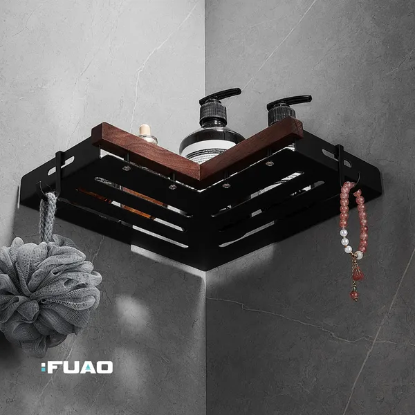 Fuao_Bathroom_Corner_Shelf_with_Walnut_Wood_&_Matte_Black_Aluminium_Frame,_Wall_Mounted_Shower_Corner_with_Side_Hooks_for_Shampoo_Toiletries_Storage
