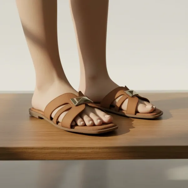 Women’s_Textured_Cross_Strap_Flat_Sandals_with_Gold_Accent_–_Casual_Comfort_Slide_Slippers