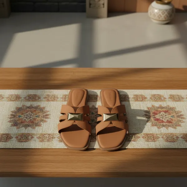 Women’s_Textured_Cross_Strap_Flat_Sandals_with_Gold_Accent_–_Casual_Comfort_Slide_Slippers