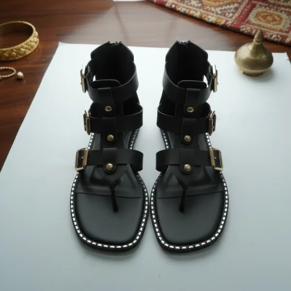 Black_Gladiator_Sandals_for_Women_–_Gold_Buckle_Strappy_Designer_Flat_Sandals