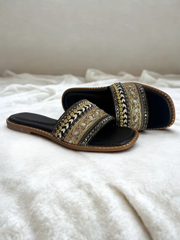 Black_Thread_Embellished_Slide_Sandal_For_Women_&_Girls