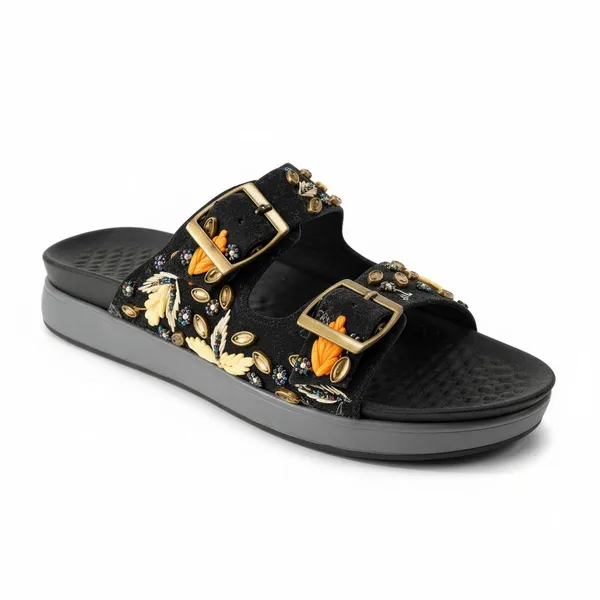 WOSUM_Black_Embellished_Women’s_Slides_with_Gold_Buckles