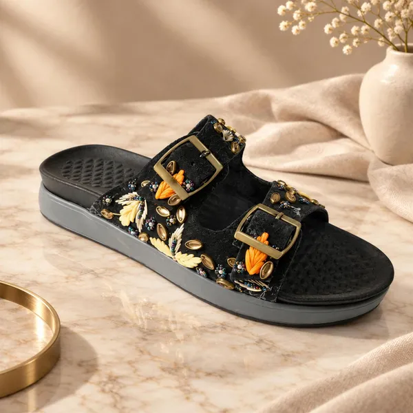 WOSUM_Black_Embellished_Women’s_Slides_with_Gold_Buckles