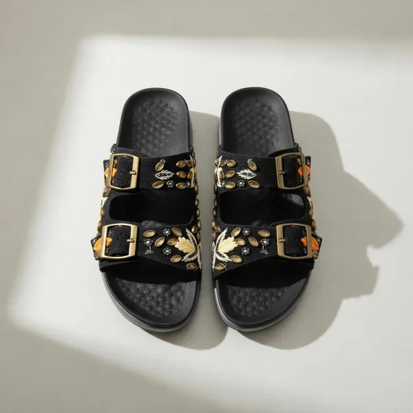 WOSUM_Black_Embellished_Women’s_Slides_with_Gold_Buckles
