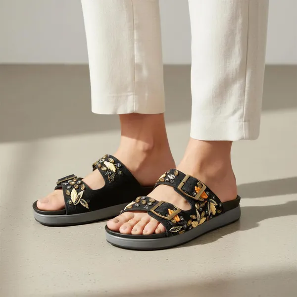 WOSUM_Black_Embellished_Women’s_Slides_with_Gold_Buckles