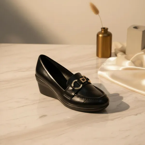 WOSUM_Black_Wedge_Loafers_for_Women_with_Gold_Detail