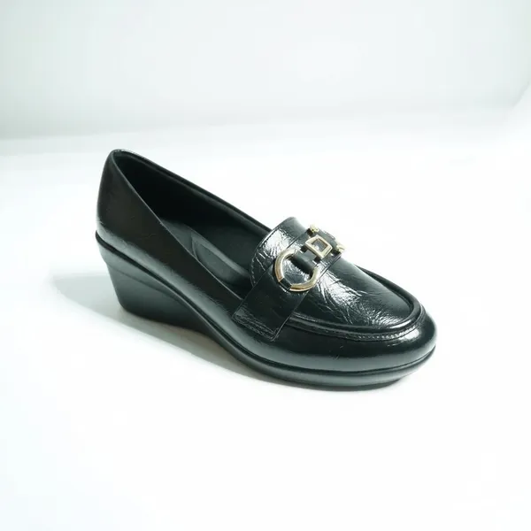 WOSUM_Black_Wedge_Loafers_for_Women_with_Gold_Detail