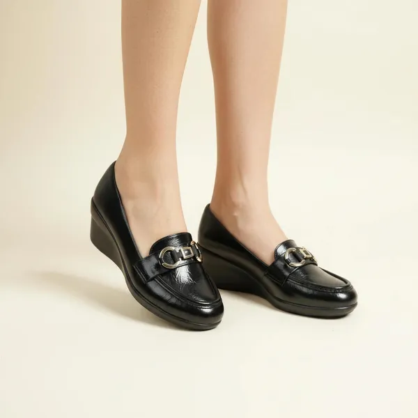 WOSUM_Black_Wedge_Loafers_for_Women_with_Gold_Detail