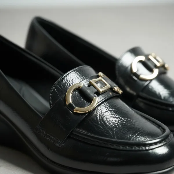 WOSUM_Black_Wedge_Loafers_for_Women_with_Gold_Detail