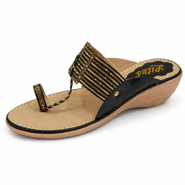 WOSUM_Black_&_Gold_Embellished_Women’s_Wedge_Sandals_with_Toe_Ring