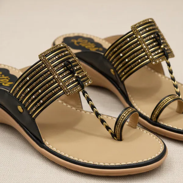 WOSUM_Black_&_Gold_Embellished_Women’s_Wedge_Sandals_with_Toe_Ring