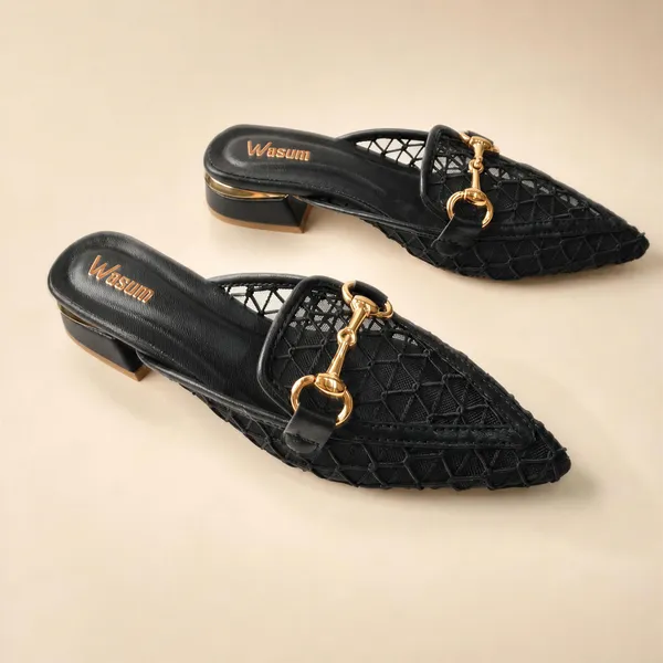 WOSUM_Women’s_Black_Pointed_Toe_Net_Slingback_Block_Heels_with_Gold_Buckle_|_Premium_Party,_Wedding_&_Evening_Footwear