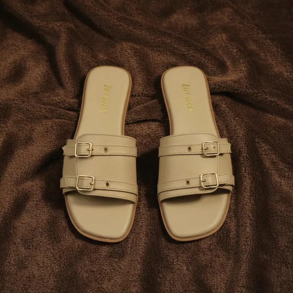 Women_Beige_Double_Buckle_Flat_Sandals_–_Cushioned_Footbed_Slip-On_Comfort_Slides