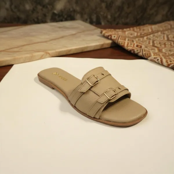 Women_Beige_Double_Buckle_Flat_Sandals_–_Cushioned_Footbed_Slip-On_Comfort_Slides