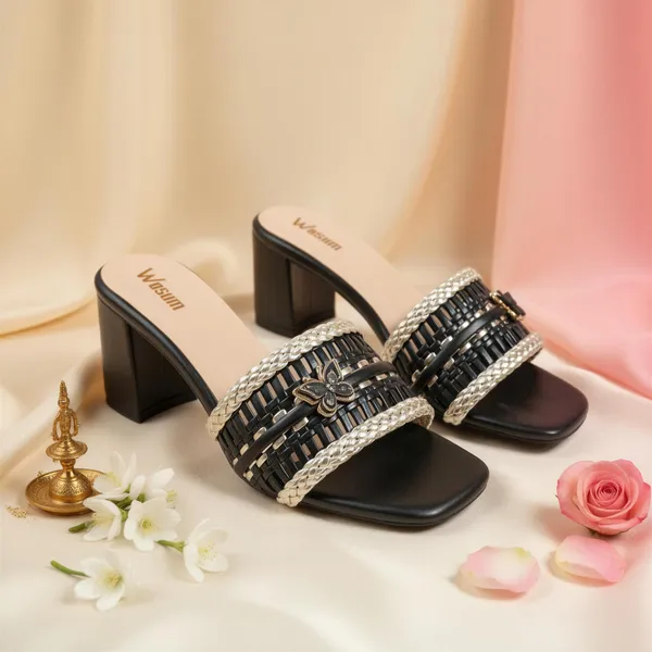 Women_Black_Block_Heel_Sandals_–_Woven_Strap_Gold_Detail_Slip-On_Heels_(Ethnic_&_Party_Wear)