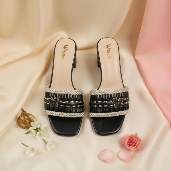Women_Black_Block_Heel_Sandals_–_Woven_Strap_Gold_Detail_Slip-On_Heels_(Ethnic_&_Party_Wear)