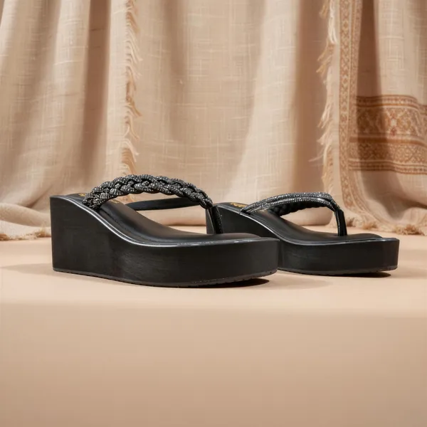 Women_Black_Wedge_Flip_Flops_–_Braided_Rhinestone_Strap_Platform_Sandals_|_Stylish_&_Comfortable_Slip-On
