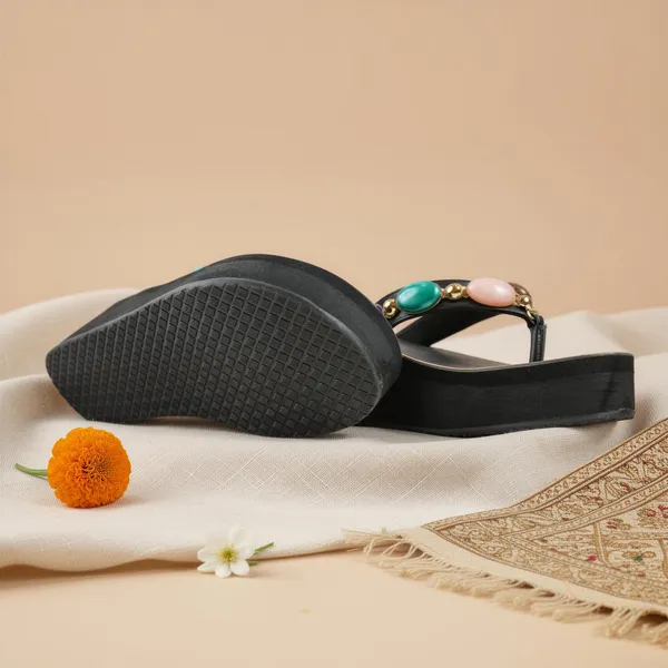 Women_Black_Wedge_Flip_Flops_–_Gemstone_Embellished_Strap_Platform_Sandals_(Stylish_&_Comfortable)