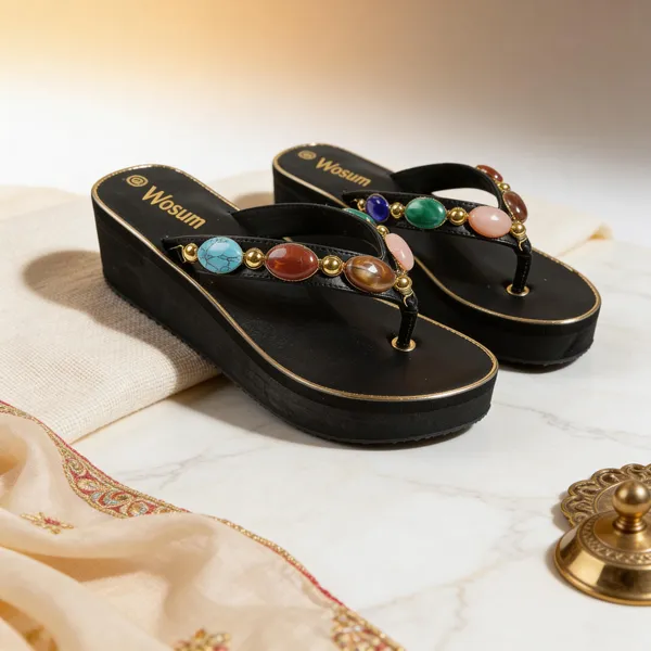 Women_Black_Wedge_Flip_Flops_–_Gemstone_Embellished_Strap_Platform_Sandals_(Stylish_&_Comfortable)