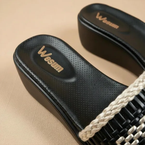 Women_Black_Wedge_Sandals_–_Woven_Strap_Gold_Detail_Comfort_Slip-On_Slides_(Casual_&_Everyday_Wear)