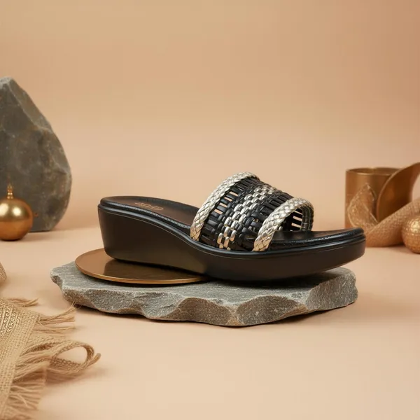 Women_Black_Wedge_Sandals_–_Woven_Strap_Gold_Detail_Comfort_Slip-On_Slides_(Casual_&_Everyday_Wear)