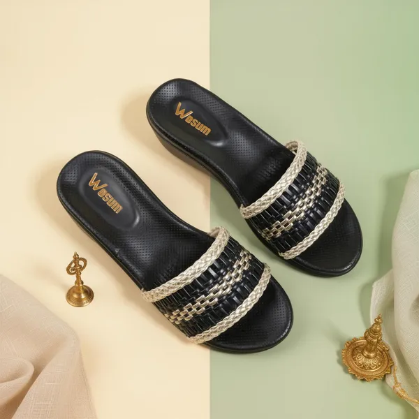 Women_Black_Wedge_Sandals_–_Woven_Strap_Gold_Detail_Comfort_Slip-On_Slides_(Casual_&_Everyday_Wear)