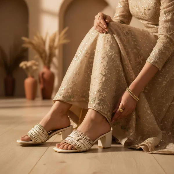 Women_Ivory_Block_Heel_Sandals_–_Woven_Strap_Gold_Detail_Slip-On_Heels_