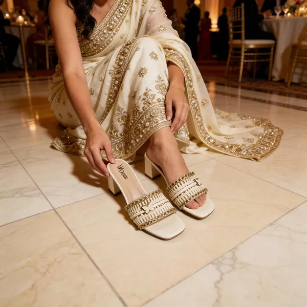 Women_Ivory_Block_Heel_Sandals_–_Woven_Strap_Gold_Detail_Slip-On_Heels_