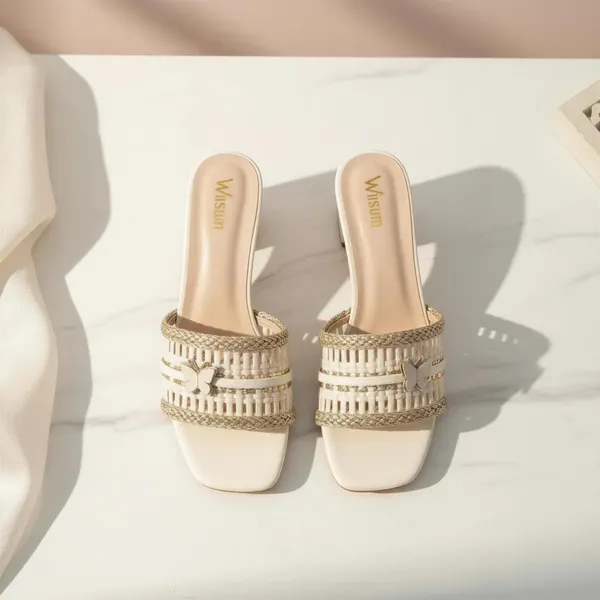 Women_Ivory_Block_Heel_Sandals_–_Woven_Strap_Gold_Detail_Slip-On_Heels_