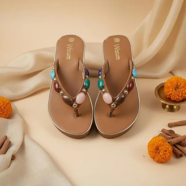 Women_Tan/Brown_Wedge_Flip_Flops_–_Gemstone_Embellished_Strap_Platform_Sandals_(Comfort_&_Style)