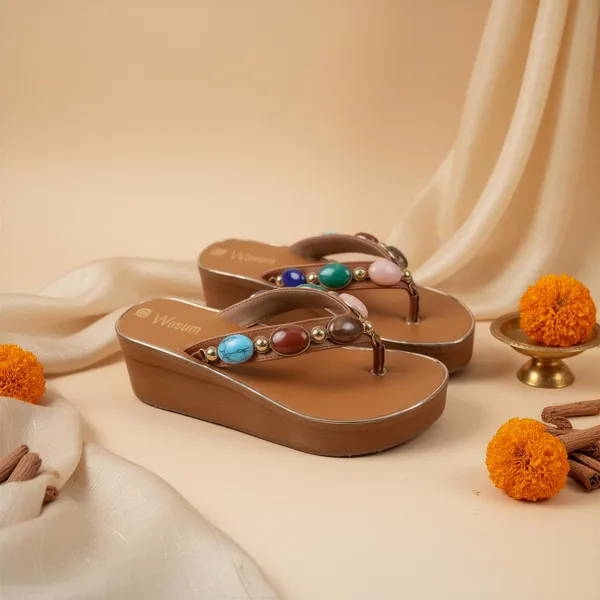 Women_Tan/Brown_Wedge_Flip_Flops_–_Gemstone_Embellished_Strap_Platform_Sandals_(Comfort_&_Style)