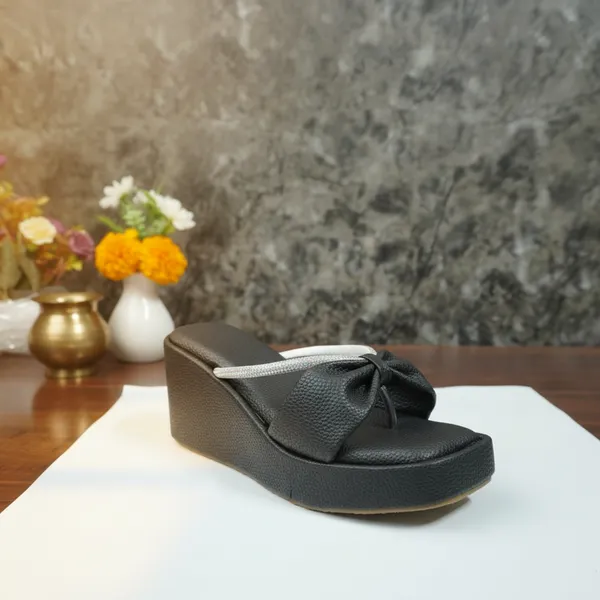 Women’s_Black_Bow_Wedge_Sandals_–_Platform_Comfort_Slides_with_Cushioned_Footbed_&_Stylish_Bow_Detail