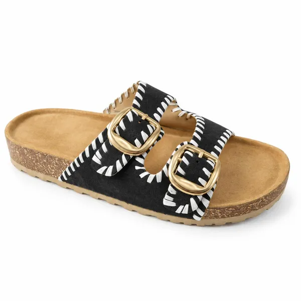Women's_Black_Double_Buckle_Flat_Sandals_with_White_Stitch_Detailing_|_Premium_Casual_Slides