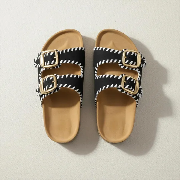Women's_Black_Double_Buckle_Flat_Sandals_with_White_Stitch_Detailing_|_Premium_Casual_Slides