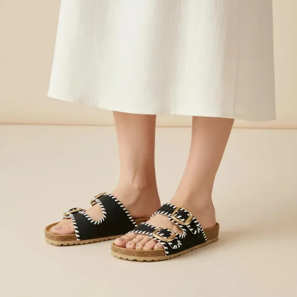 Women's_Black_Double_Buckle_Flat_Sandals_with_White_Stitch_Detailing_|_Premium_Casual_Slides