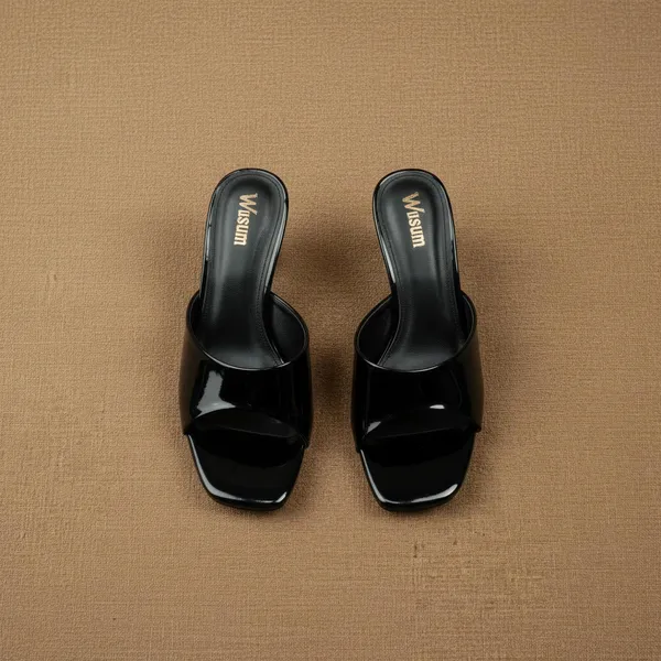 Women’s_Black_Patent_Mule_Heels_–_Sculpted_Mid_Heel_Minimalist_Slide_Sandals