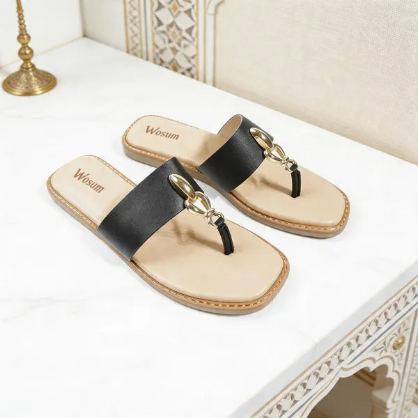 Women’s_Black_Toe_Ring_Sandals_with_Gold_Chain_Detail_–_Flat_Slip-On_Summer_Slides_|_Wosum