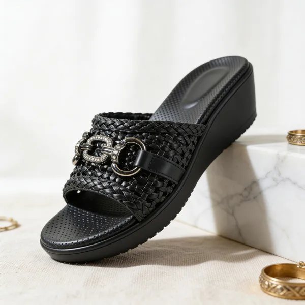 Women’s_Black_Wedge_Slide_Sandals_–_Braided_Strap_Slip-On_with_Metallic_Chain_Detail_|_Comfortable_Casual_&_Everyday_Wear