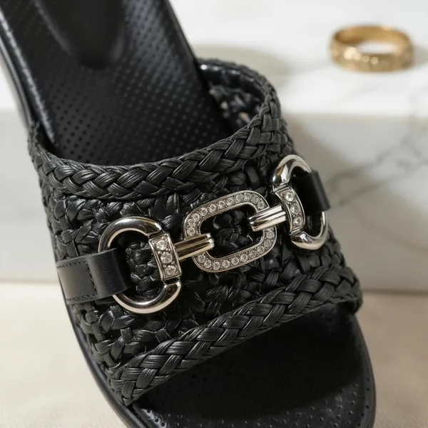 Women’s_Black_Wedge_Slide_Sandals_–_Braided_Strap_Slip-On_with_Metallic_Chain_Detail_|_Comfortable_Casual_&_Everyday_Wear