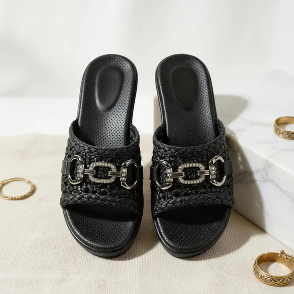 Women’s_Black_Wedge_Slide_Sandals_–_Braided_Strap_Slip-On_with_Metallic_Chain_Detail_|_Comfortable_Casual_&_Everyday_Wear