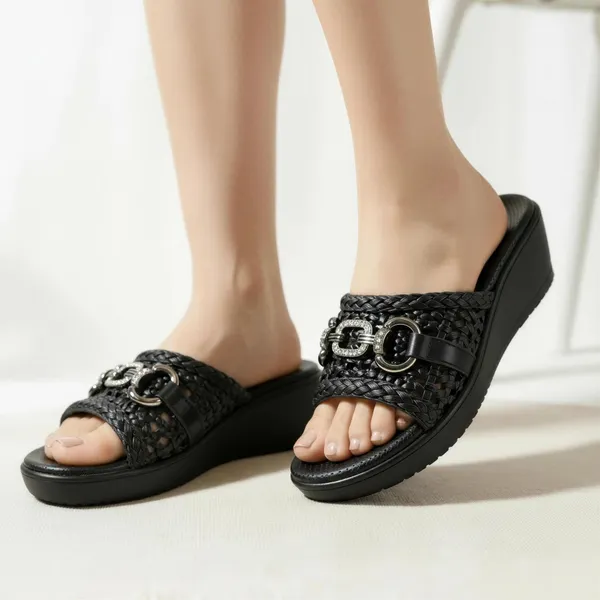 Women’s_Black_Wedge_Slide_Sandals_–_Braided_Strap_Slip-On_with_Metallic_Chain_Detail_|_Comfortable_Casual_&_Everyday_Wear