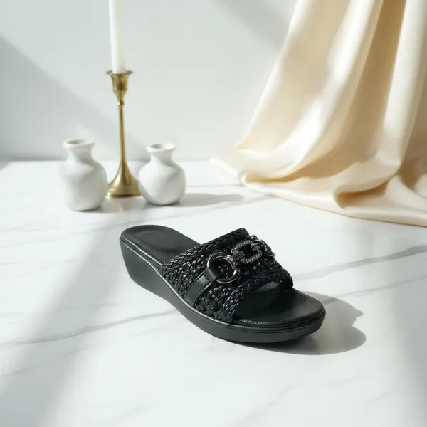 Women’s_Black_Wedge_Slide_Sandals_–_Braided_Strap_Slip-On_with_Metallic_Chain_Detail_|_Comfortable_Casual_&_Everyday_Wear