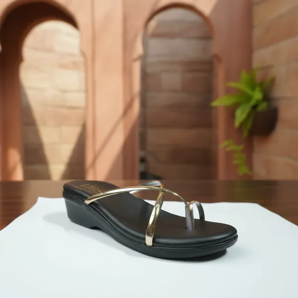 Women’s_Black_&_Gold_Toe_Ring_Wedge_Sandals_–_Elegant_Metallic_Strap_Slip-On_Heels