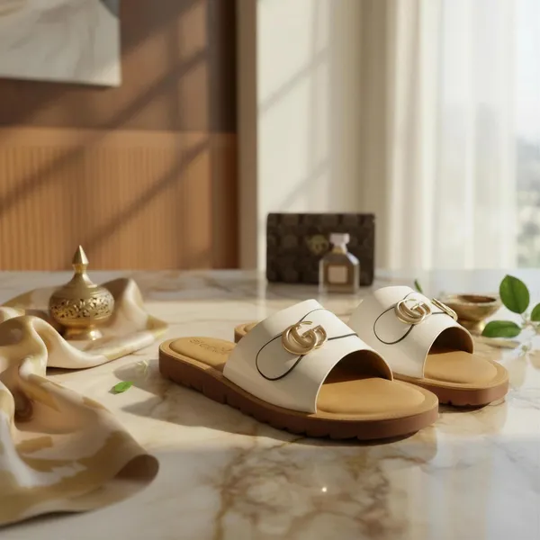 Women’s_Ivory_Slide_Sandals_with_Gold_Emblem_–_Stylish_Comfortable_Flats_