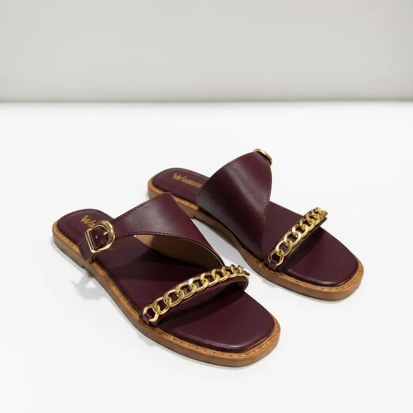 Women’s_Maroon_Chain_Strap_Flats_|_Elegant_Slip-On_Sandals_with_Gold_Chain_Detail