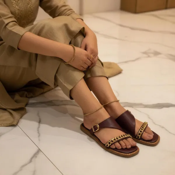 Women’s_Maroon_Chain_Strap_Flats_|_Elegant_Slip-On_Sandals_with_Gold_Chain_Detail