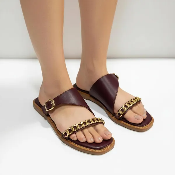 Women’s_Maroon_Chain_Strap_Flats_|_Elegant_Slip-On_Sandals_with_Gold_Chain_Detail