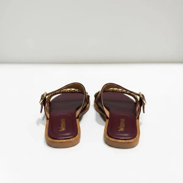 Women’s_Maroon_Chain_Strap_Flats_|_Elegant_Slip-On_Sandals_with_Gold_Chain_Detail
